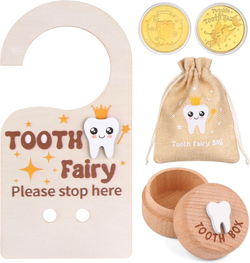 PartyYeah 1 Set/4Pcs Wooden Tooth Fairy Box Tooth Fairy Door Hanger Tooth Fairy Box with Storage Pouch Gold Foil Reward Coin Wooden Doorplate Toot-h Fairy Coin - Image 1